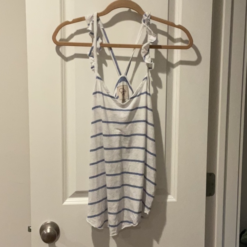 Chaser White and Light Blue Striped Ruffle Tie Tank Top